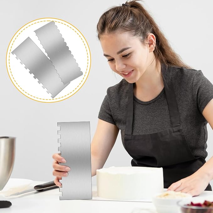 9 Inch Stainless Steel Cake Scraper Set Metal Cake Scraper Large Double Sided Patterned Stripe Edge Smoother for Mousse, Cream Decoration (2)