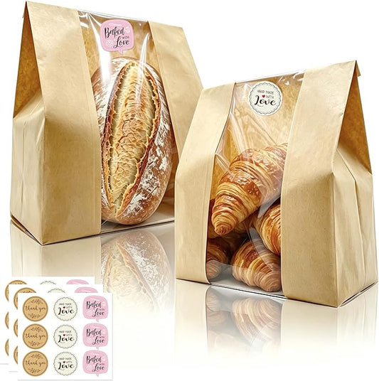 Extra Large Paper Bread Bags for Homemade Bread with Window & Sticker for XL Sourdough Breads, Round Loaf, Baked Goods, Oval Loaves, Brown Kraft - 45 Pcs 16x10x5 Inch