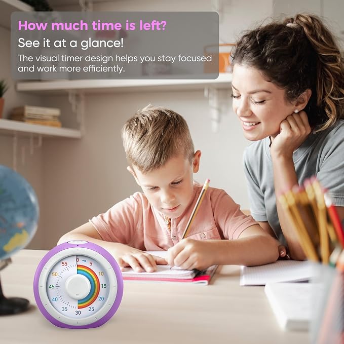 Visual Timer for Kids, 60-Minute Silent Countdown for Classroom, Home, Office, Kitchen, Rainbow Pattern Desk Timer, Time Management Tools with Silent Operation, Pomodoro Timer
