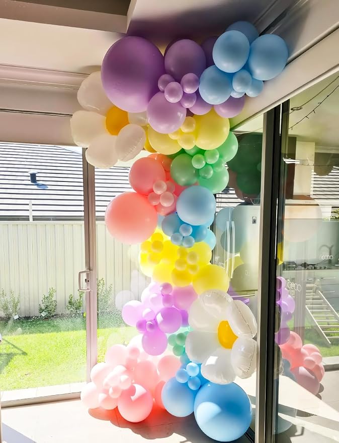 Daisy Balloon Arch Garland Kit - 131 Pcs Pastel Rainbow balloon arch kit with Daisy Balloons, for Birthday Party, Baby Shower, Flower Themed Party Decorations