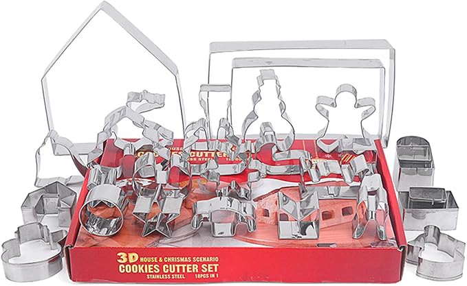3D Christmas Gingerbread House Cookie Cutters Set, FantasyDay 28 Pcs 430 Stainless Steel Cartoon Snowflake Biscuit Cutter Pastry Mold for Holiday Birthday Cake Dough Donut Fondant - Baking Dough Tool