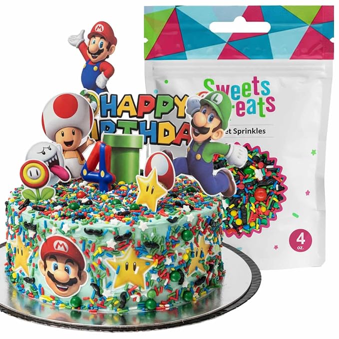 BakeBright Super Mario Sprinkles - Edible Super Mario Birthday Decorations for Vibrant Cake Cupcake Toppers Mario Luigi Toad Themed Celebrations Star & Mustache Sprinkles, Made in USA