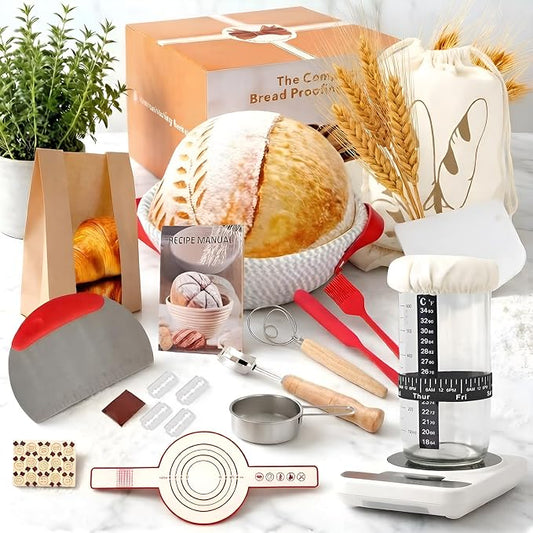 Sourdough Starter Kit with Warmer, Round Banneton Proofing Basket & Glass Jar, Complete Bread Baking Supplies, Home Kitchen Baking Set, Gift for Beginner Bakers Women Mom Wife