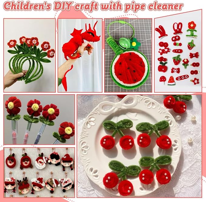 AHAMETON 620Pcs Pulm Red Pipe Cleaner Flower Kit, 6 Colors Bulk Pipe Cleaners Craft Supplies with Wires, Stamens, Ribbon, Tape, Card, DIY Flower Making for Gifts Home Decoration, Party & School Crafts