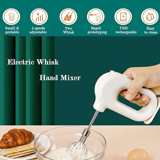 Colorful Mini Cordless Hand Mixer, Self-Standing USB Rechargeable Handheld Egg Beater with 4 Speeds & 2 Whisks, Lightweight Portable Electric Whisk for Kitchen Baking and Cooking(Pink)