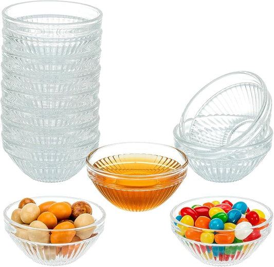 10 Set Mini Glass Prep Bowls, 2.5oz Ribbed Small Bowls Stackable Ingredient Dishes Clear Ramekins Pinch Bowl for Measuring Spices Dipping Sauces