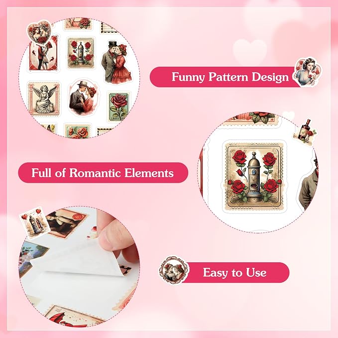 FaCraft 50PCS Vintage Stickers - Waterproof Love Stickers for Scrapbooking Aesthetic Sticker for Adults Teens Girls Couples Romantic Valentines Sticker DIY Laptop Water Bottles Envelopes Cards Guitar