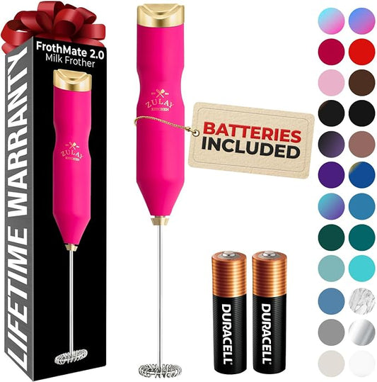 Zulay Kitchen Powerful Frother Wand AA Batteries Included, Ultra Fast Handheld Drink Mixer, Comfort Milk Frother, Stainless Steel Whisker, Frother Handheld for Coffee, Protein & Matcha - Frothmate 2.0