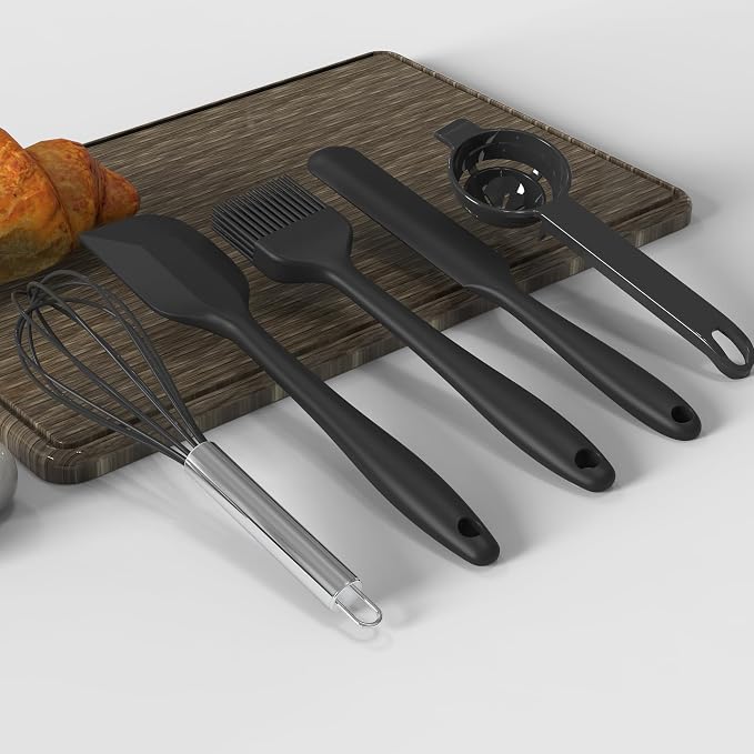 oannao Large Silicone Cooking Utensils Set - Heat Resistant Kitchen Utensils Sets,Spatula,Spoon,Turner Tongs,Whisk,Stainless Steel Cooking Utensil for Nonstick Cookware Dishwasher Safe (Black)