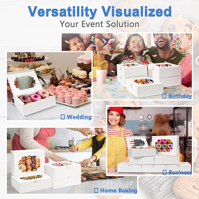 6 Pcs Bakery Boxes 8-In with Windows, Cookie Boxes White for Chocolate Covered Strawberries, Treats, Donuts, Cupcakes, and Candy Gift Giving 8x6x2.5 Inch