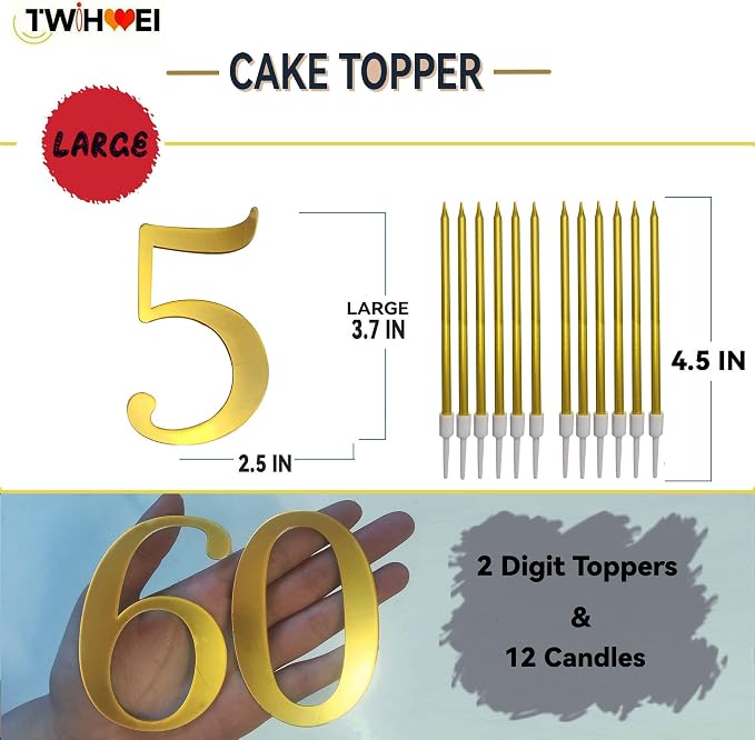 3.7IN Gold Acrylic Number 5 Cake Topper with 12 Gold Long Candles - Perfect for 5th Birthday Party Supplies, Ideal for Cake Decoration