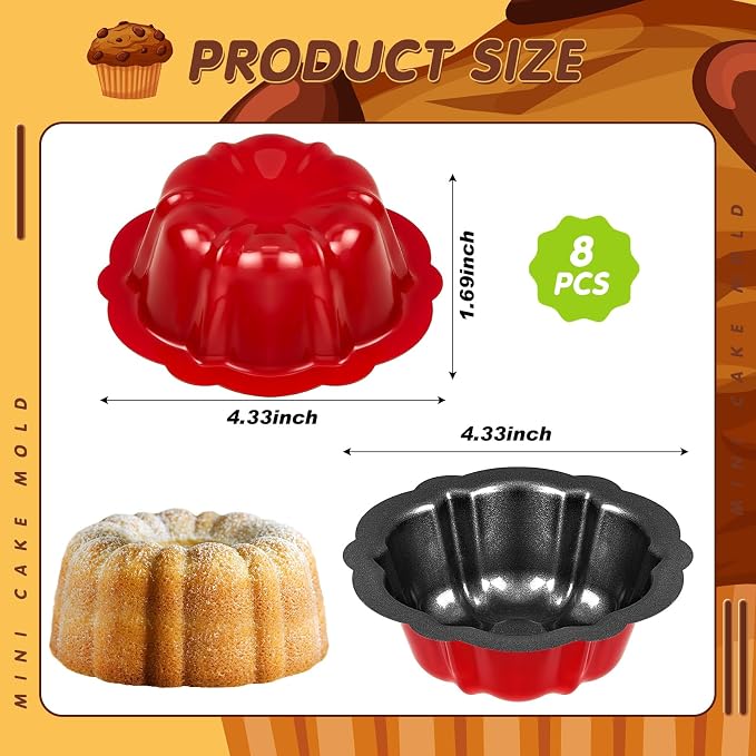 Ctosree 8 Pcs 4 Inches Fluted Mini Cake Pan Nonstick Fluted Cake Pan Carbon Steel Tube Metal Tube Oven Baking Mold with Flower Shape for Cupcake (Red)