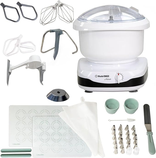 NutriMill Artiste Kitchen Stand Mixer with Baker's Accessory Bundle (Black)