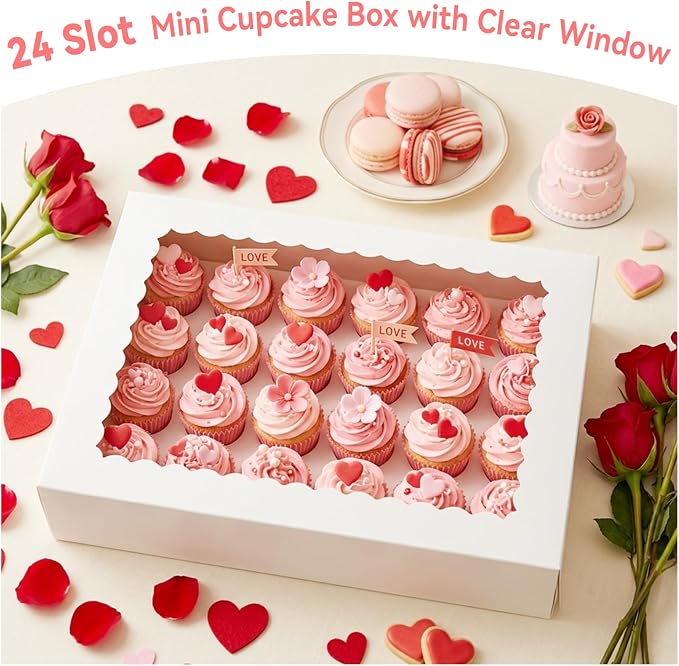 6 Pack White Mini Cupcake Boxes Containers Hold 24 MINI Cupcakes, 13 x 8.8 x 3.5 Inch Dessert Muffins Box with Window and Inserts for Birthday Holiday Party Bakery Supplies