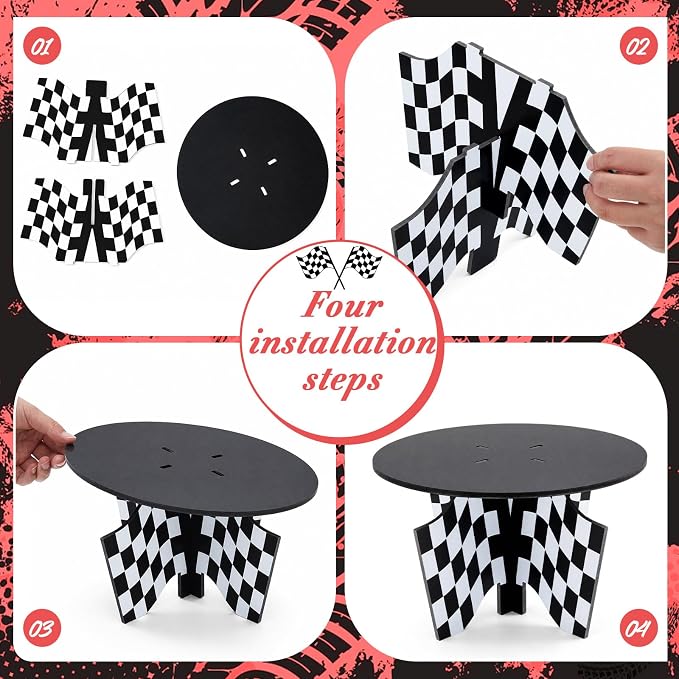 Lallisa 12" Racing Car Theme Cake Stand Black 3D Racing Party Decorations with Black and White Checkered Flag Base PVC Dessert Holder Centerpieces for Two Fast Theme Birthday Party Supplies