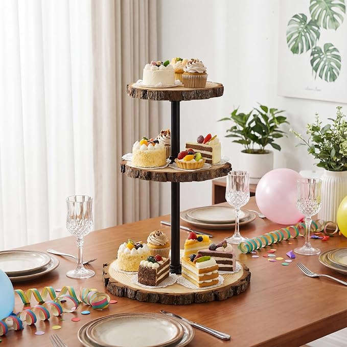 Chunful Rustic 3 Tier Round Natural Wood Cupcake Dessert Stand, Cup Cake Tower Stand Holder, Wooden Cake Display Tiered Centerpiece for Party, Birthday, Wedding, Baby Shower, Holiday Decoration
