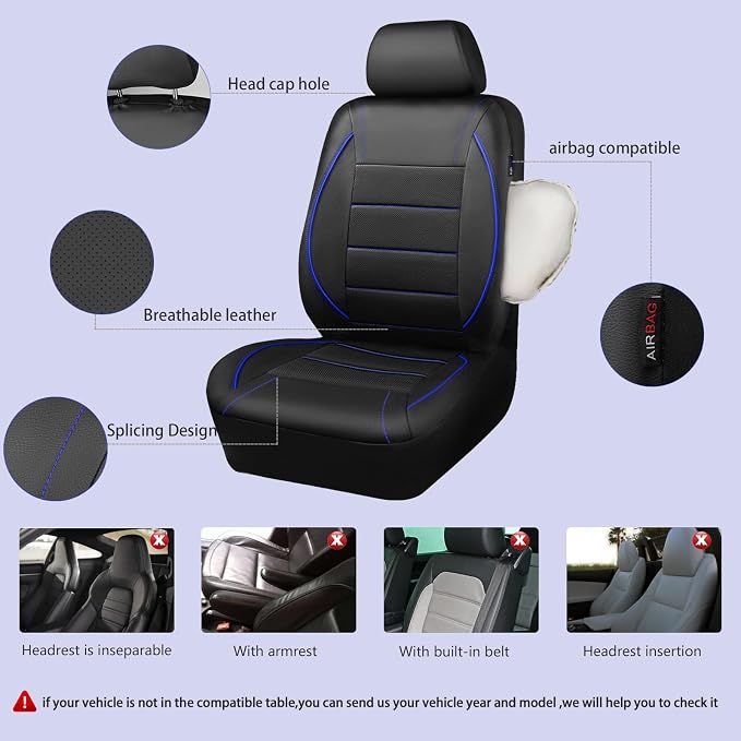 CAR PASS Universal FIT Piping Leather Two Front Seat Covers, Waterproof Faux Leather for SUV Sedan Van Truck, Airbag Compatible,Reserved Opening Holes for Headrest Covers. (Black and Blue)
