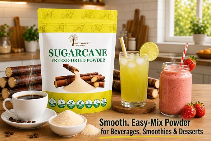 Indus Farms Freeze-Dried Sugarcane Juice Powder, Single Ingredient Made from Real Sugarcane Juice, No Additives or Preservatives, For Smoothies, Baking, Desserts & Beverages, 1 LB