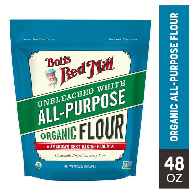 Bob's Red Mill Organic All Purpose Unbleached Flour, 3 Pound (Pack of 1) - Non-GMO, Vegan, Unbromated, Unenriched