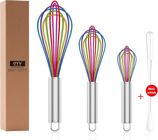 OYV Silicone Whisk,Professional Whisks For Cooking Non Scratch,Stainless Steel & Silicone Wisk,Plastic Rubber Whisk Tool For Nonstick Cookware,Silicon Wisks Set of 3,Rainbow,for Blending,Colorful.