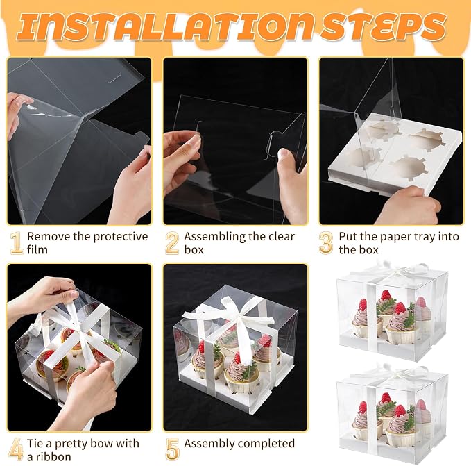 JCD 8 Pack Clear Cupcake Boxes, 4 Count Cupcake Containers with Gift Ribbon,5.3inches height Plastic Cupcake Carrier Holder for Treat Dessert Cookies Muffins Pastry Baby Shower Party (4count/8pcs)