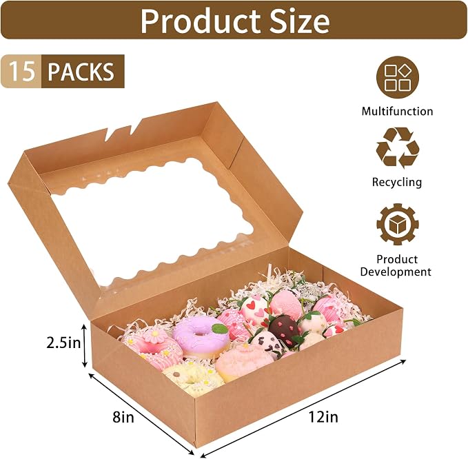 Moretoes 15pcs Bakery Boxes, 12x8x2.5 Inches Auto-Popup Cookie Boxes with Windows for Chocolate Covered Strawberries, Donuts, Pastries (Brown)
