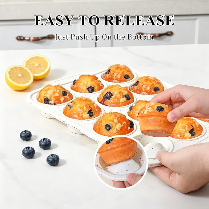 Vinino Silicone Muffin Pan for Baking with Metal Reinforced Frame, 12 Cups Regular Size Silicone Cupcake Pan with Non-Slip Handle, Nonstick Muffin Tray for Oven, BPA Free, Dishwasher Safe