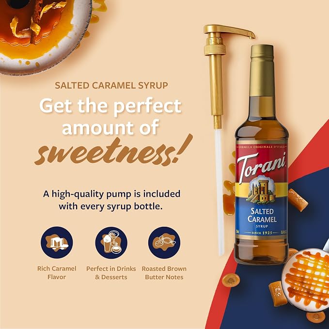 Torani Coffee Syrup, Salted Caramel Flavored Syrup for Drinks, Pump Included, 25.4 Fl Oz
