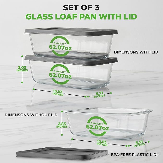 NutriChef 6 Piece Glass Loaf Pans for Baking Bread - 7.6 Cups Stackable Glass Bread Loaf Pan - 3 loaf Pan with 3 Lids - Oven & Microwave Safe, Dishwasher Safe - Clear