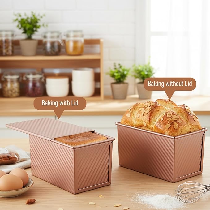 3 Pcs Pullman Loaf Pan with Lid, 2.2LB 1LB 0.5LB Non-Stick Carbon Steel Sandwich Sourdough Bread Pans Golden Corrugated Toast Mold for Homemade Baking Bread