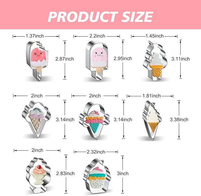 Ice Cream Cookie Cutters 8-Pc. Set, Ice Cream Cutters Stainless Steel Fondant Cutters, Popsicle, Hard and Soft Serve Ice Cream Cone (Cartoon Cookie Cutters Set)