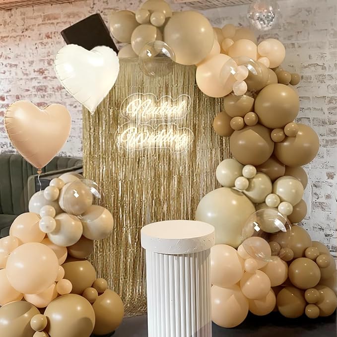 Boho Neutral Brown Balloon Garland Arch Kit with Champagne Fringe Curtain for Baby Shower Wedding Earth Tone Birthday Bridal Brunch Minimalist Anniversary Party Decorations