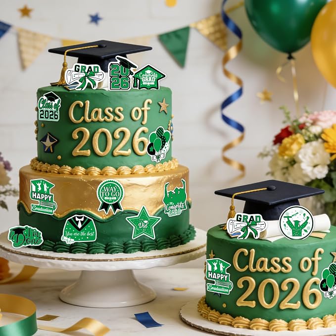 48pcs Edible 2026 Graduation Cupcake Toppers Wafer Paper Green Class of 2026 Cake Decorations Edible Congrats Grad Cupcake Picks for 2026 Graduation Theme Party Cake Supplies
