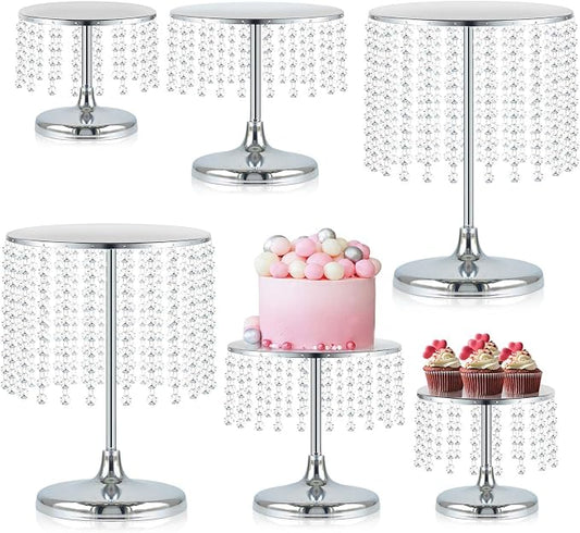 Metal Mirror Cake Stand Set with Crystal Pendants - Elegant Dessert Table Display for Weddings, Birthday Parties, Baby Showers, Events - Sturdy Crystal Bling Cupcake Stands for Pastries, Sweets, Decorations (Silver, Set of 6)