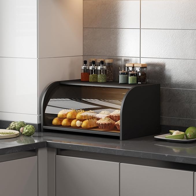 Roll Top Bread Container for Kitchen Countertop, Bamboo Bread Box with Clear Lid, Bread Container Storage（Black without cutting board）