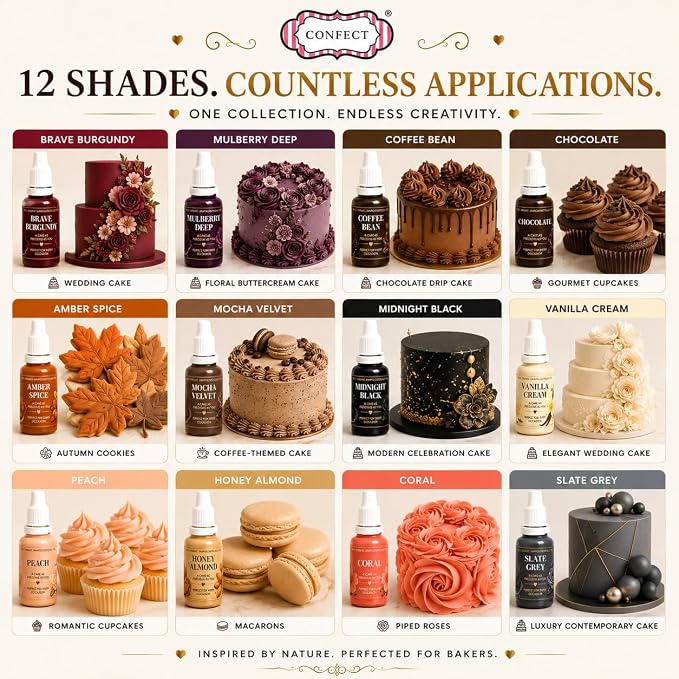 Confect Browns & Depth Gel Food Coloring Set – 12 Highly Pigmented Colors for Buttercream, Cakes, Cookies, Macarons & Baking – 10mL Bottles