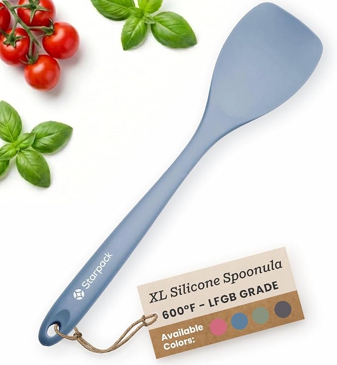 StarPack XL Spoonula The All-Rounder 13.5 Inch - LFGB Silicone Spoon Spatula, 600°F Heat Resistant, BPA-Free - One-Piece Seamless, Dishwasher Safe - for Nonstick Cookware and Deep Pots, Light Blue