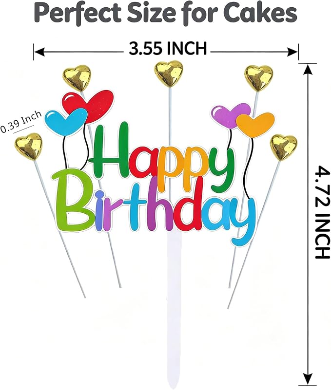 Colorful Happy Birthday Cake Topper Set Balloon Design and Gold Hearts, Great for Kids' Birthdays, Cupcakes Party Decor