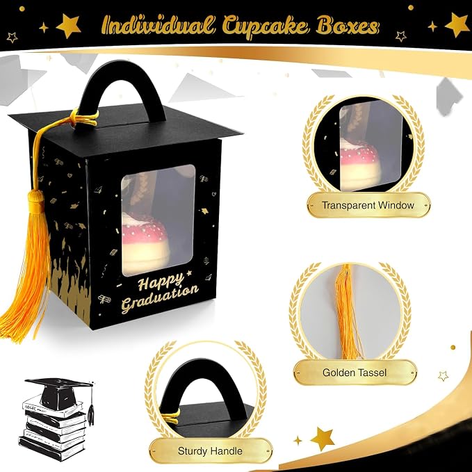60 Pcs Graduation Cupcake Boxes Individual Cupcake Container Grad Cupcake Gift Boxes with Window for 2026 College Grad Party Bakery Wrapping (Black-60pc)