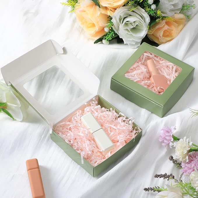 Zonon 60 Pcs Kraft Paper Boxes with Window 4.13 x 4.13 x 1.18 Inch Candy Packaging, Small Gift Boxes, Soap holder, Mini Treat Packaging for Bakery Chocolate Jewelry Display (Sage Green)