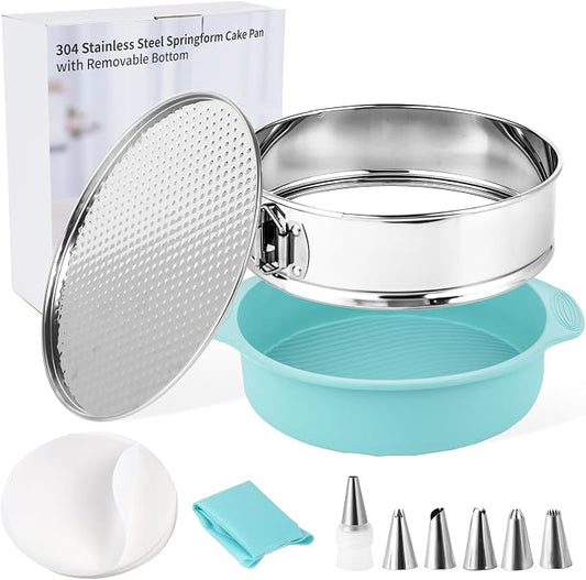9 Inch Cheesecake Pan, Leakproof 304 Stainless Steel Springform Pan with Silicone Protector for Water Bath Baking, Removable Bottom, 50 Pcs Parchment Paper, Dishwasher Safe
