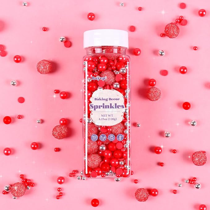Red Sprinkles for Baking 4.23ounce - Sparkle Pearl Candy for Cupcake Toppers, Ice Cream, Candy, Cookie Decorations - Silver Sprinkles for Valentines Bridal Shower Wedding Party