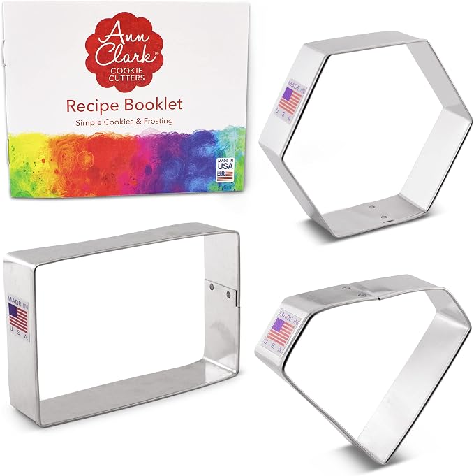 Geometric Shapes Cookie Cutters 3-Pc. Set Made in the USA by Ann Clark, Rectangle, Hexagon, Gem