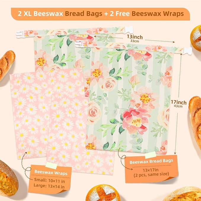 2 Pack Reusable Beeswax Bread Bags with 2 Wraps, 100% Premium Cotton Bread Storage for Homemade Bread, Keeps Sourdough & Baguettes Fresher, Easy Clean Kitchen & Travel Use