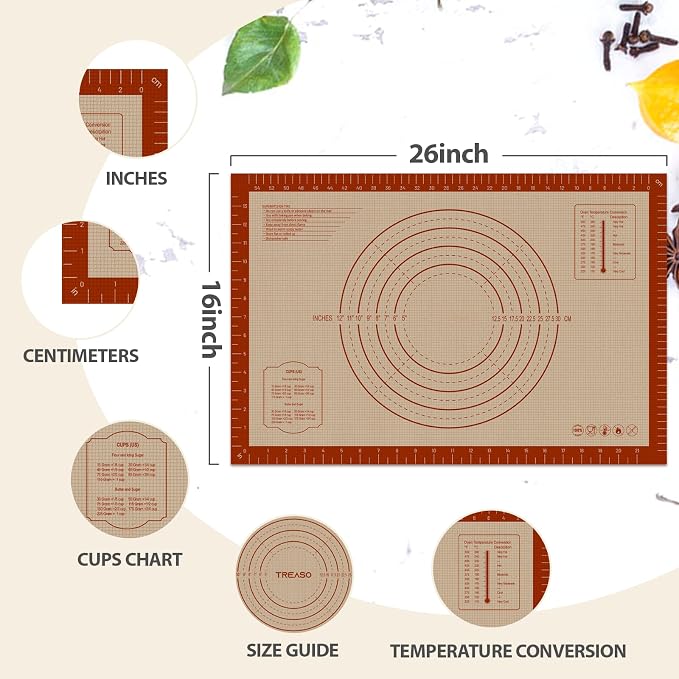 Pastry Mat, 0.7mm Extra Thick 26 x 16 Inches Large Non Stick Silicone Baking Pad, Pie Crust Rolling Supplies for Making Christmas Cookies Bread, Easy to Clean