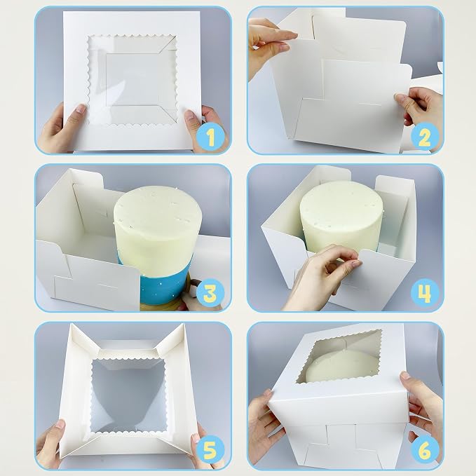 KEEPARTY 15 PCS White Tall Cake Boxes with Window 3 Sizes 12x12x12 10x10x10 8x8x8 Inches Bakery Cake Boxes Square Cake Containers