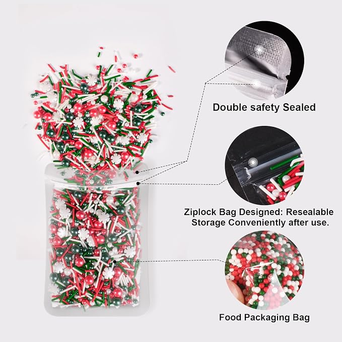 HUEBEATY 6-in-1 Christmas Red and Green Sprinkles for Cookies Baking - 180g Nonpareils, Jimmies, Christmas Tree & Sugar Sprinkles, Holiday Santa Sprinkles Bulk for Cakes, Cupcakes, Hot Chocolate Decorating