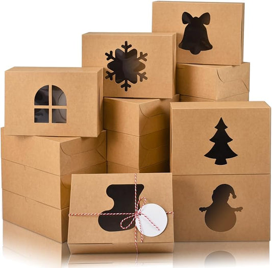 COTOPHER 18Pcs Christmas Cookie Boxes with Window, 9x6x3 inch Brown Bakery Boxes for Gift Giving, Kraft Treat Boxes Dessert Boxes for Cakes Donuts Chocolate Strawberries Pastries Muffins
