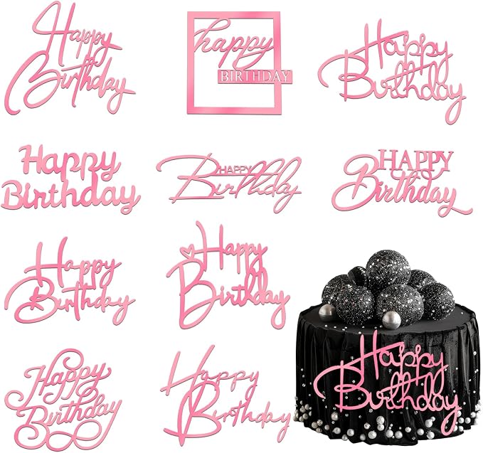 Wootkey 10 PCS Pink Happy Birthday Cake Topper Mirror Acrylic Cupcake Toppers Double-Sided Happy Birthday Sign for Cake Side Cupcake DIY Birthday Gift Flower Bouquet Decor