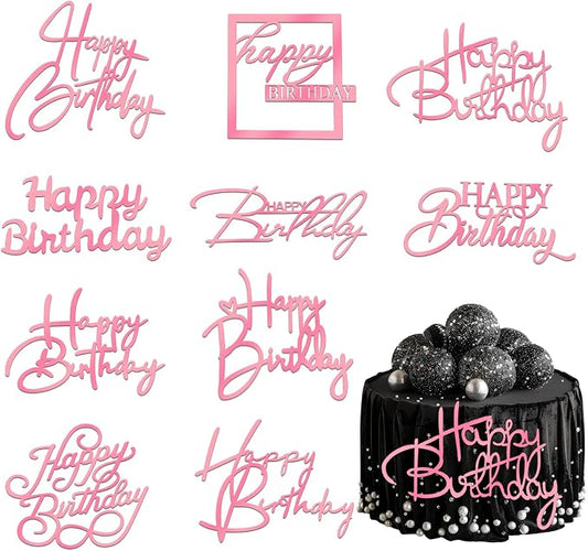 Wootkey 10 PCS Pink Happy Birthday Cake Topper Mirror Acrylic Cupcake Toppers Double-Sided Happy Birthday Sign for Cake Side Cupcake DIY Birthday Gift Flower Bouquet Decor